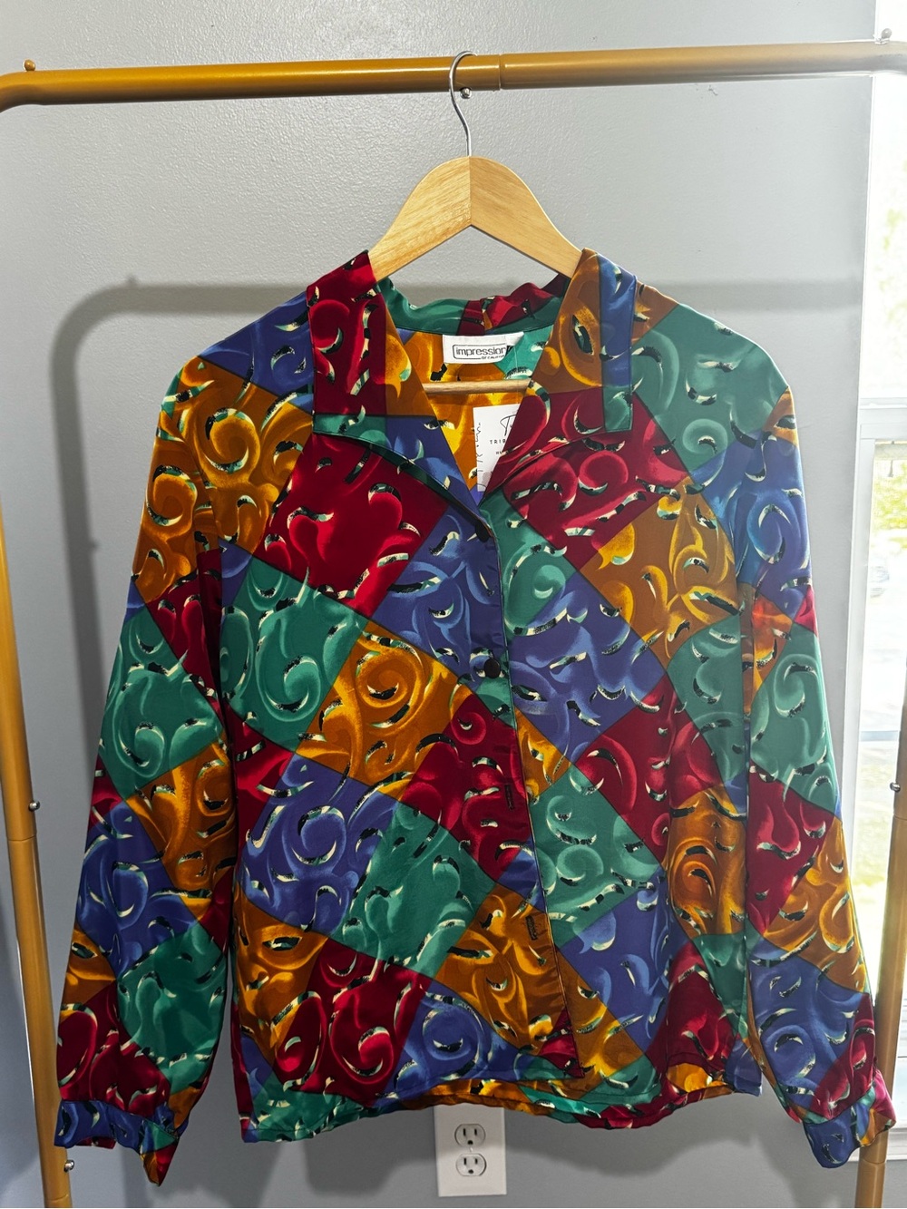 Vintage Downtown Girl Multicolor Patchwork Print Artsy Button-Up Shirt
